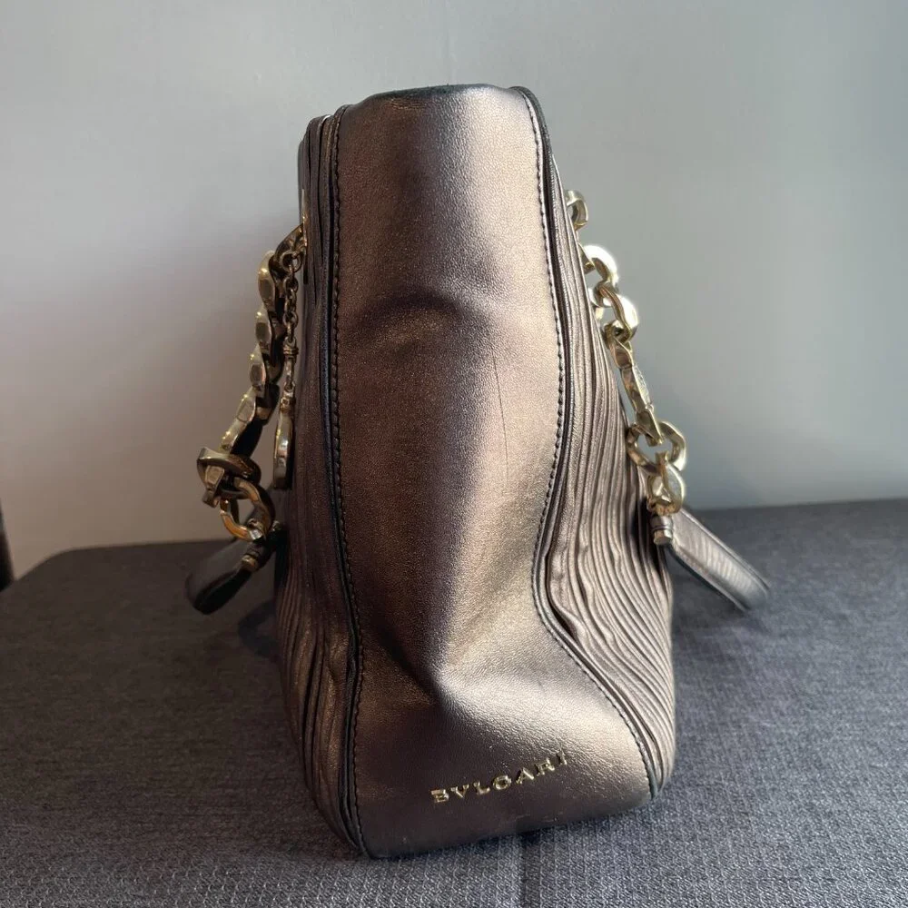 Bvlgari Gunmetal Monte Plisse Leather Shopper Tote - Preowned